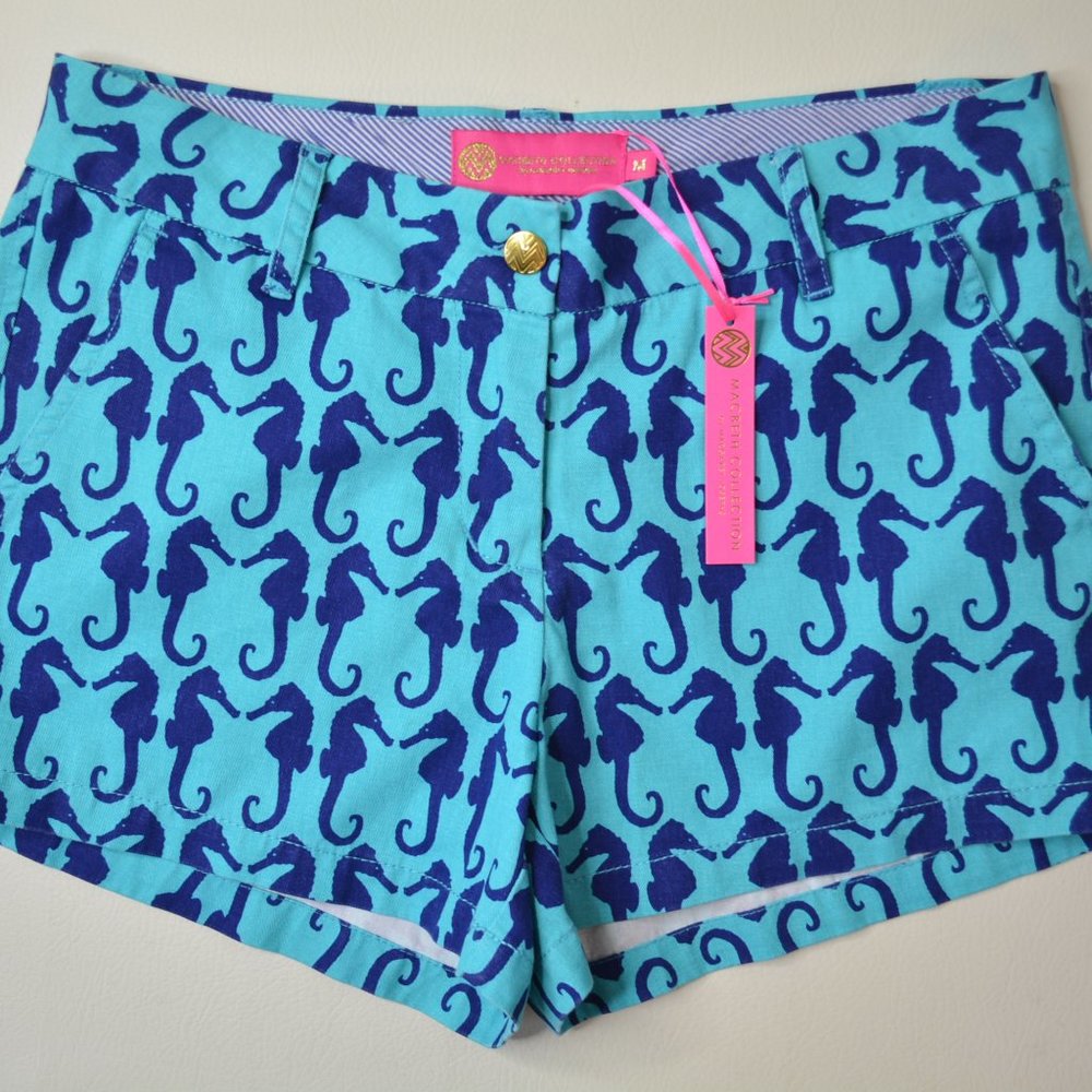 Margaret Josephs MACBETH Sz M Women AQUA Navy Blue SEAHORSE Coastal Beach SHORTS